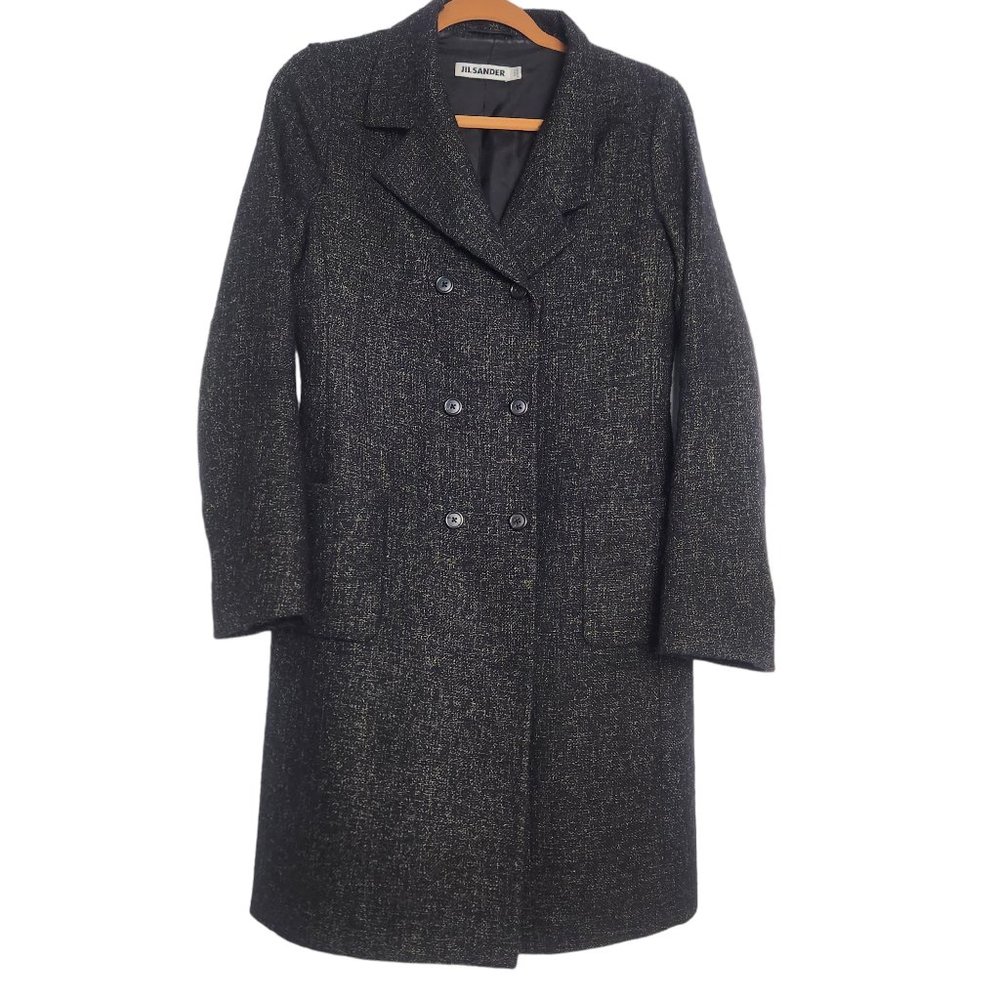 Jil Sander Double Breasted Pea Coat  Alpaca Wool Silk Black Brown Size 2